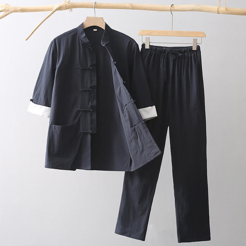 Camisa de manga tres cuartos con botones de rana y Buddha Stones, pantalones de pierna ancha, traje de lino y algodón para hombre