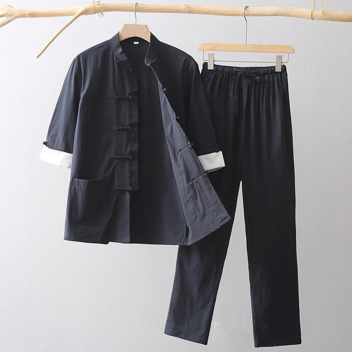 Camisa de manga tres cuartos con botones de rana y Buddha Stones, pantalones de pierna ancha, traje de lino y algodón para hombre