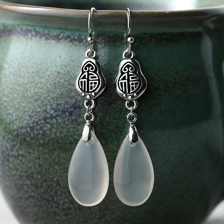 Pendientes de armonía positiva con carácter Fu y calcedonia natural de plata de ley 925 con Buddha Stones y piedras