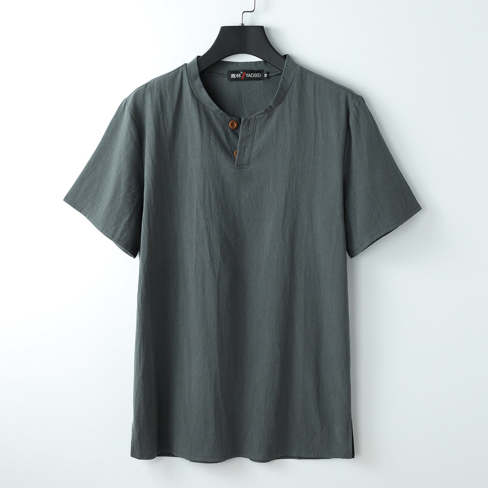 Camiseta holgada de hombre con Buddha Stones, color liso, manga corta, cuello con muescas y botones, camisa de lino y algodón suave - Gris - US/UK/AU54, EU64 (9XL) - image 1