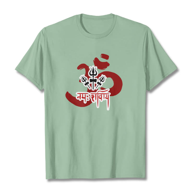 Camiseta de algodón con tres pequeños tridentes y Buddha Stones OM NAMAH SHIVAYA - Verde pálido - 2XL - image 6