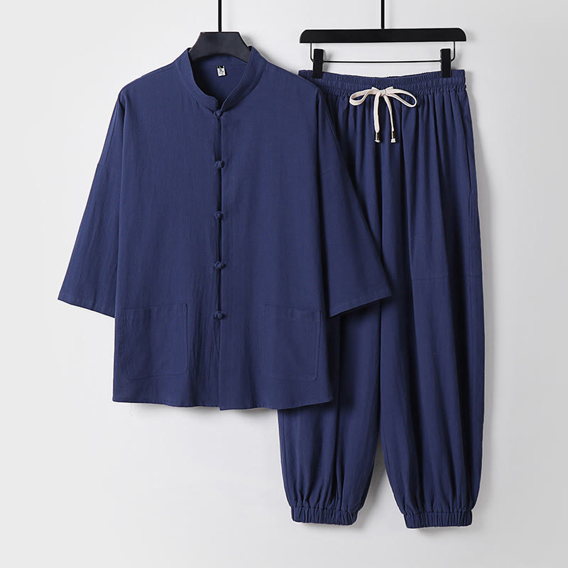 Pantalones cortos de algodón con mangas tres cuartos y estampado de Buddha Stones para hombre - Azul pizarra oscuro - US/UK/AU50, EU60 (7XL) - image 8