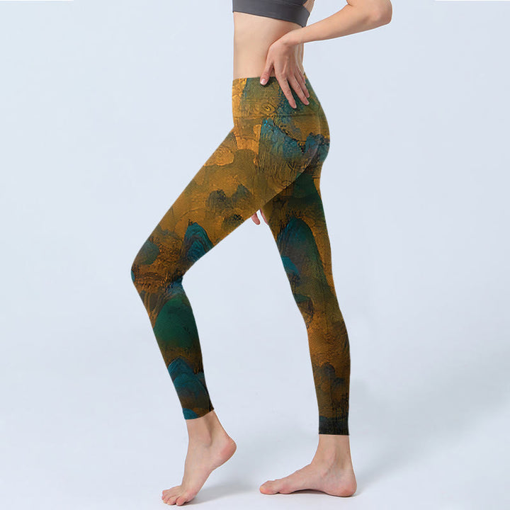 Leggings de fitness con estampado de montaña en color dorado oscuro y Buddha Stones para mujer - image 3