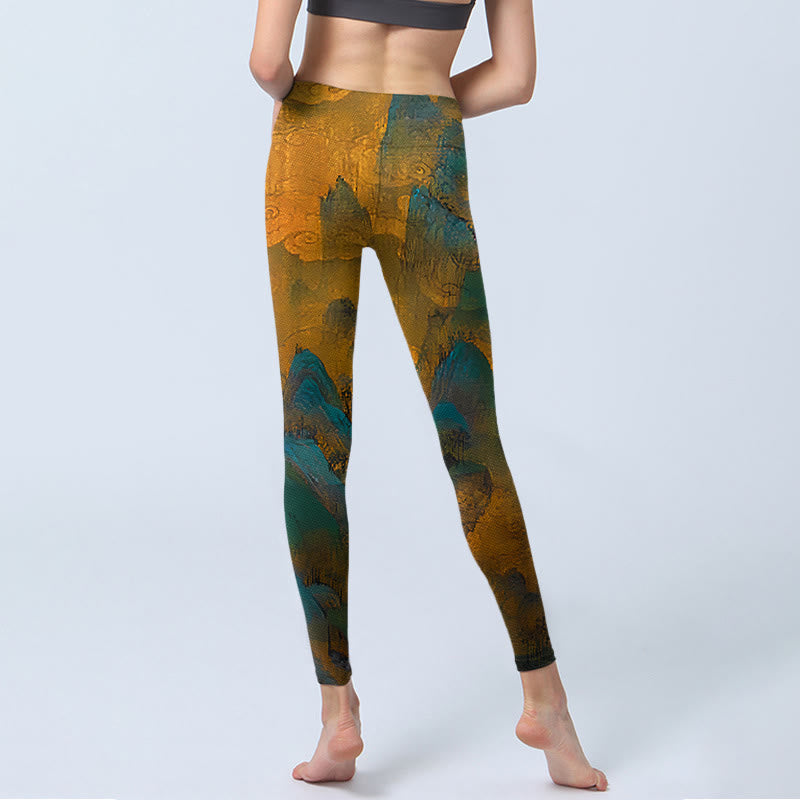 Leggings de fitness con estampado de montaña en color dorado oscuro y Buddha Stones para mujer - image 7