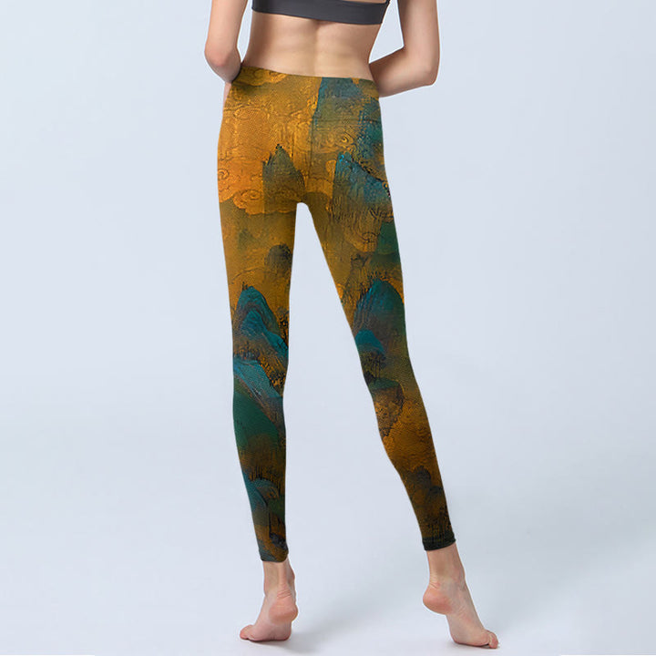 Leggings de fitness con estampado de montaña en color dorado oscuro y Buddha Stones para mujer - image 7