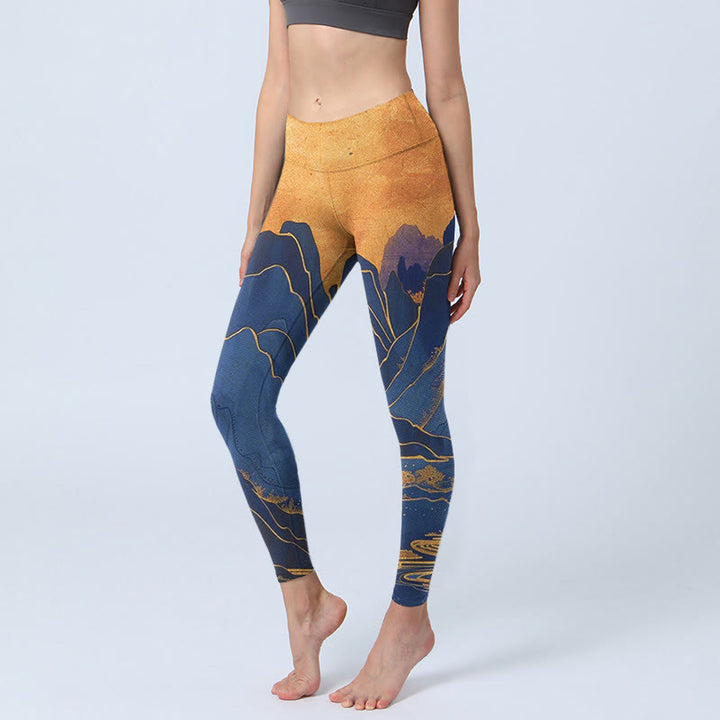 Leggings de fitness con estampado de puesta de sol en la montaña en azul oscuro y Buddha Stones para mujer - Azul medianoche - US18,UK/AU22,EU50 (4XL) - image 1