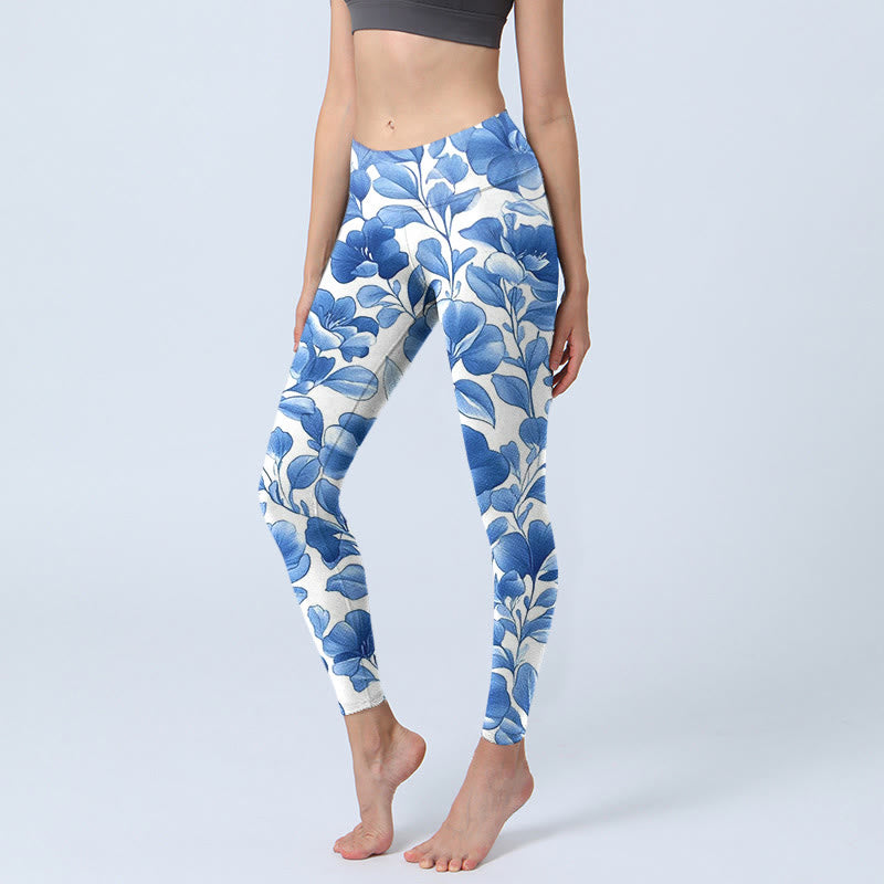 Leggings de fitness con estampado de flores azules y Buddha Stones para mujer - Azul cielo claro - US18,UK/AU22,EU50 (4XL) - image 1