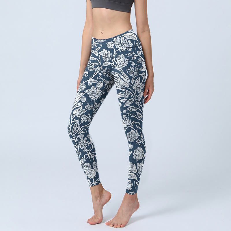 Leggings de fitness con estampado de flores en azul oscuro y Buddha Stones para mujer - Azul acero - US18,UK/AU22,EU50 (4XL) - image 1