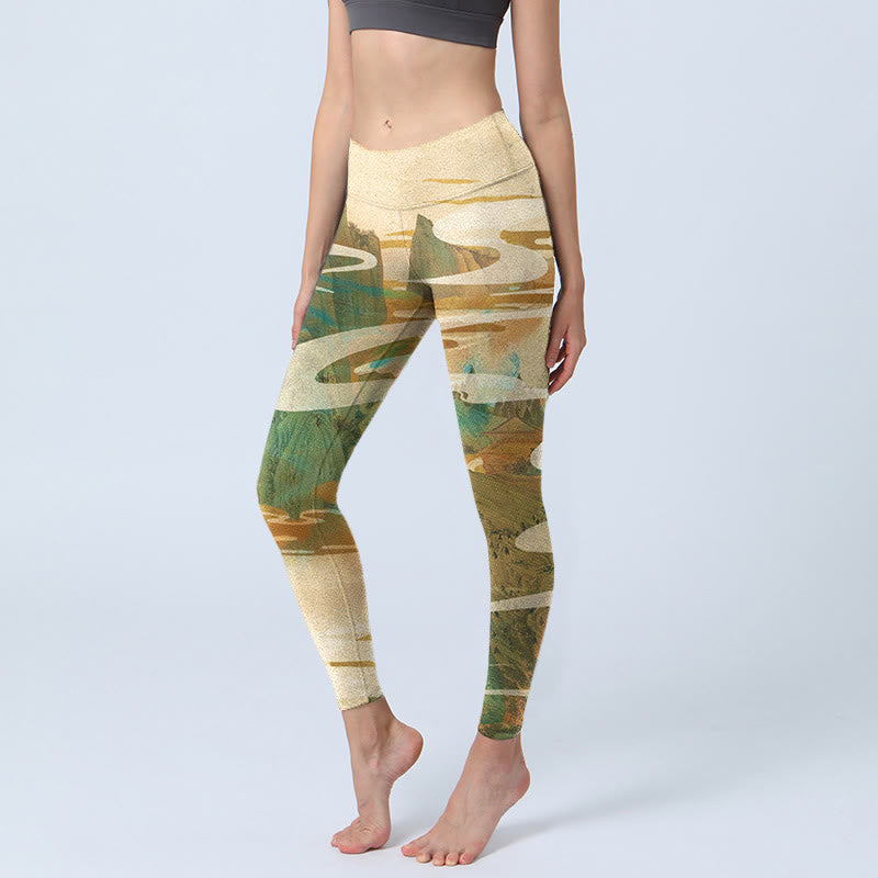Leggings de fitness con estampado de Buddha Stones, montañas verdes, nubes y niebla, pantalones de yoga para mujer - LimónChiffon - US18,UK/AU22,EU50 (4XL) - image 1