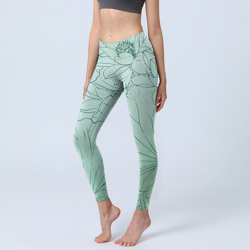 Leggings deportivos con estampado de flores de loto verde y Buddha Stones para mujer - Verde mar oscuro - US18,UK/AU22,EU50 (4XL) - image 1