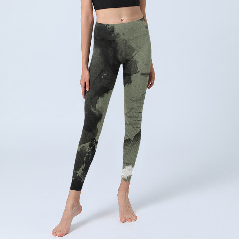 Pantalones de yoga para mujer con estampado de montaña, pintura en tinta y Buddha Stones - image 7