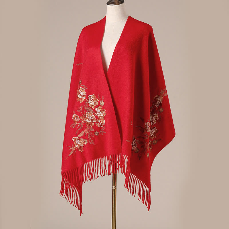 Chal de lana con Buddha Stones, flores, hojas, bordado, borlas, bufanda de viaje acogedora para invierno