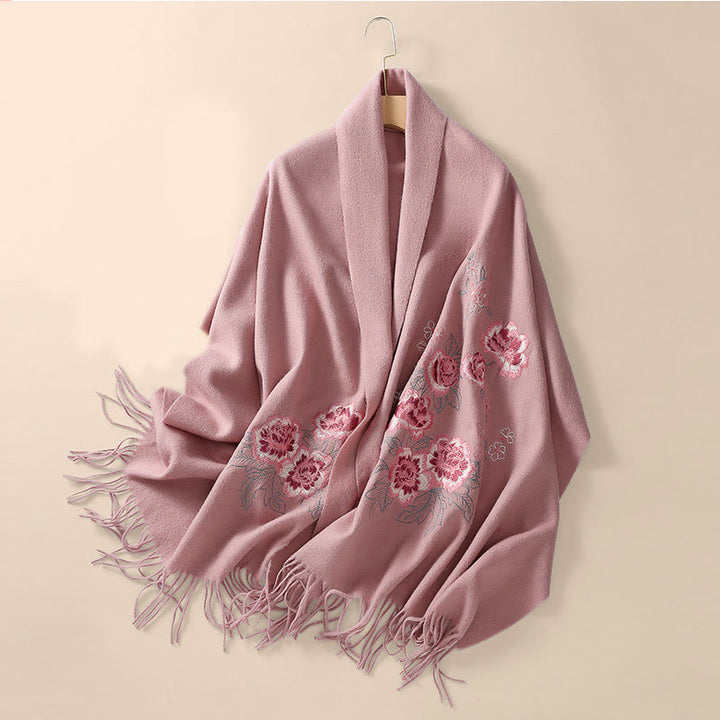 Chal de lana con Buddha Stones y borlas bordadas con peonías rojas, bufanda de viaje acogedora para el invierno