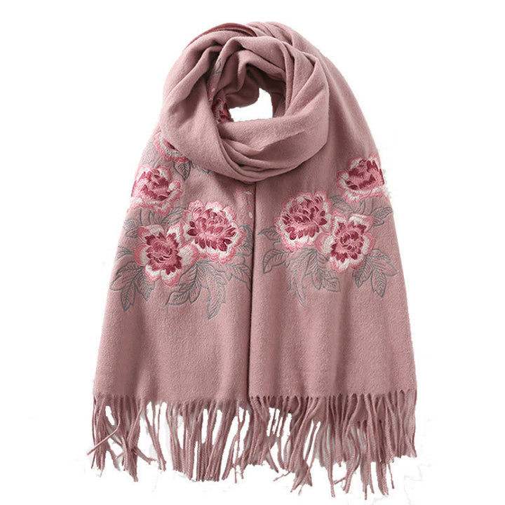 Chal de lana con Buddha Stones y borlas bordadas con peonías rojas, bufanda de viaje acogedora para el invierno