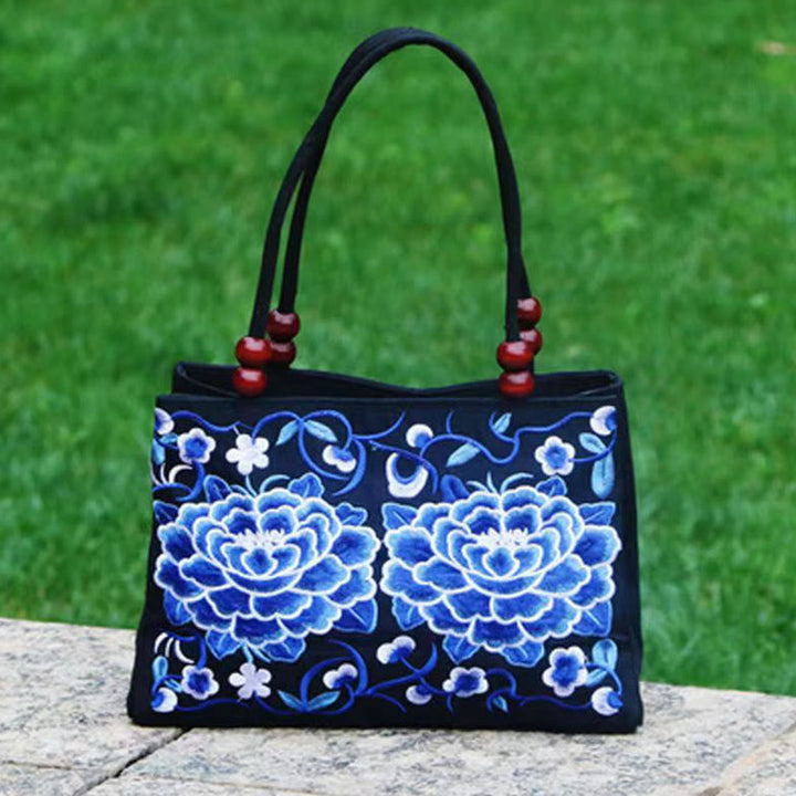 Bolso de mano de lona con bordado de doble cara, diseño de flores de peonía, pavo real y Buddha Stones, Galsang Inula