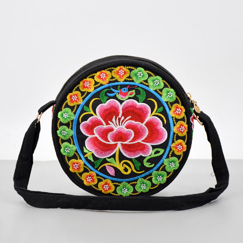 Bolso de mano de lona con bordado de doble cara, bolso cruzado, bolso de mano, árbol del dinero, flores de peonía, rosa, pavo real, Galsang, Inula