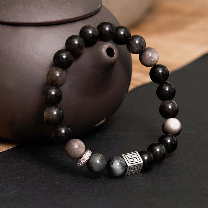 Buddha Stones Pulsera de fuerza y coraje de obsidiana negra y piedra ojo de águila