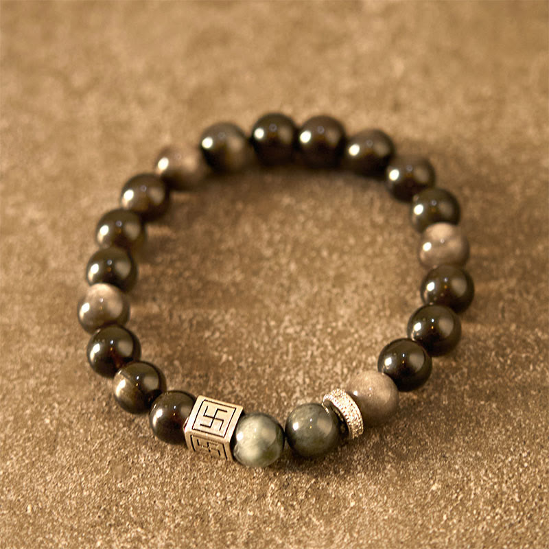 Buddha Stones Pulsera de fuerza y coraje de obsidiana negra y piedra ojo de águila