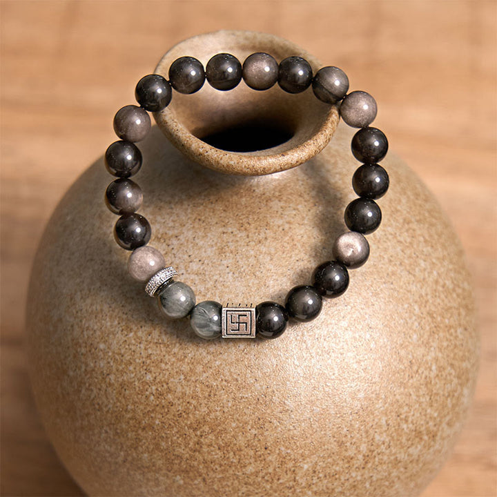 Buddha Stones Pulsera de fuerza y coraje de obsidiana negra y piedra ojo de águila