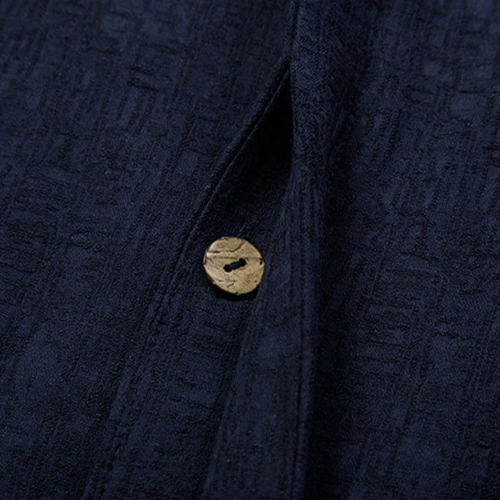 Camisa de manga larga con botones de algodón y lino con estampado de Buddha Stones para hombre - image 9