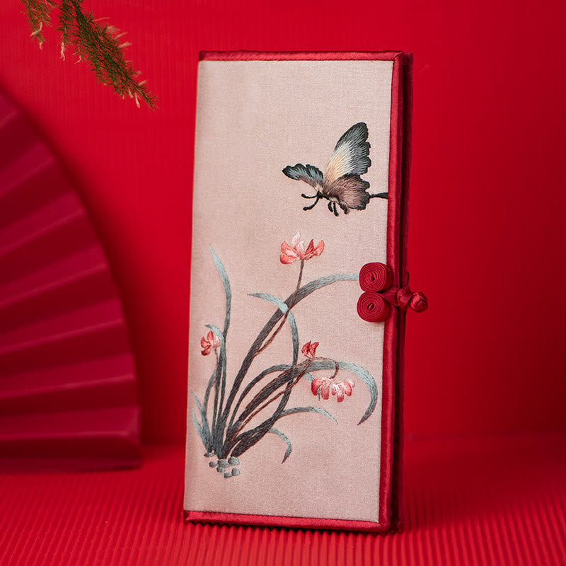 Bolso de mano con bordado de orquídea y mariposa con Buddha Stones