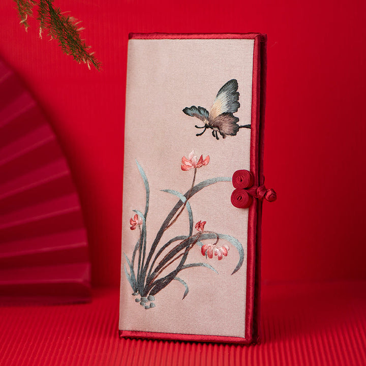 Bolso de mano con bordado de orquídea y mariposa con Buddha Stones