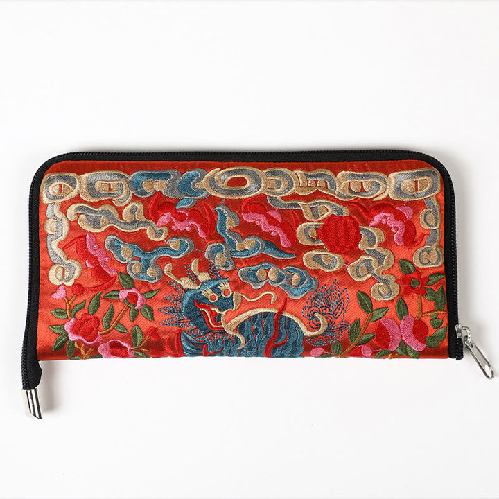 Cartera de mano con bordado de Qilin Su, dragón, fénix y bestia mítica, con Buddha Stones