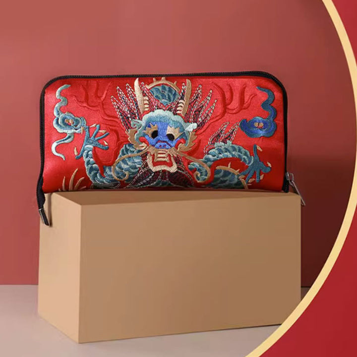 Cartera de mano con bordado de Qilin Su, dragón, fénix y bestia mítica, con Buddha Stones