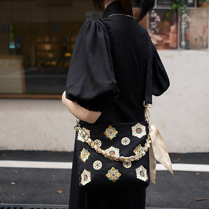 Bolso de mano con Buddha Stones de satén bordado, bolso de mano para ir de compras, bolso cruzado