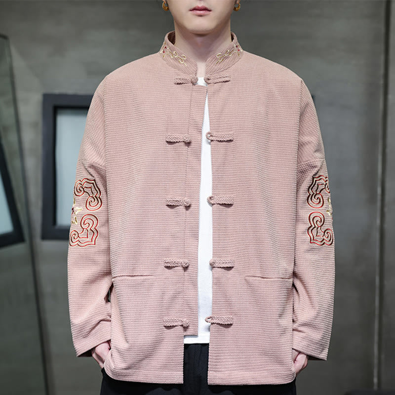 Traje de espiga con botones de rana para hombre de Buddha Stones , chaqueta larga de algodón pana bordada y bolsillos