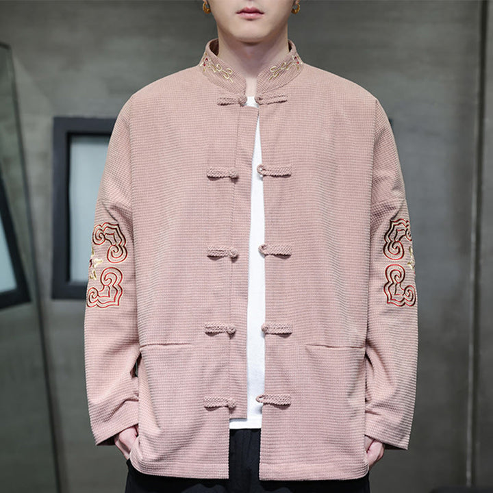 Traje de espiga con botones de rana para hombre de Buddha Stones , chaqueta larga de algodón pana bordada y bolsillos