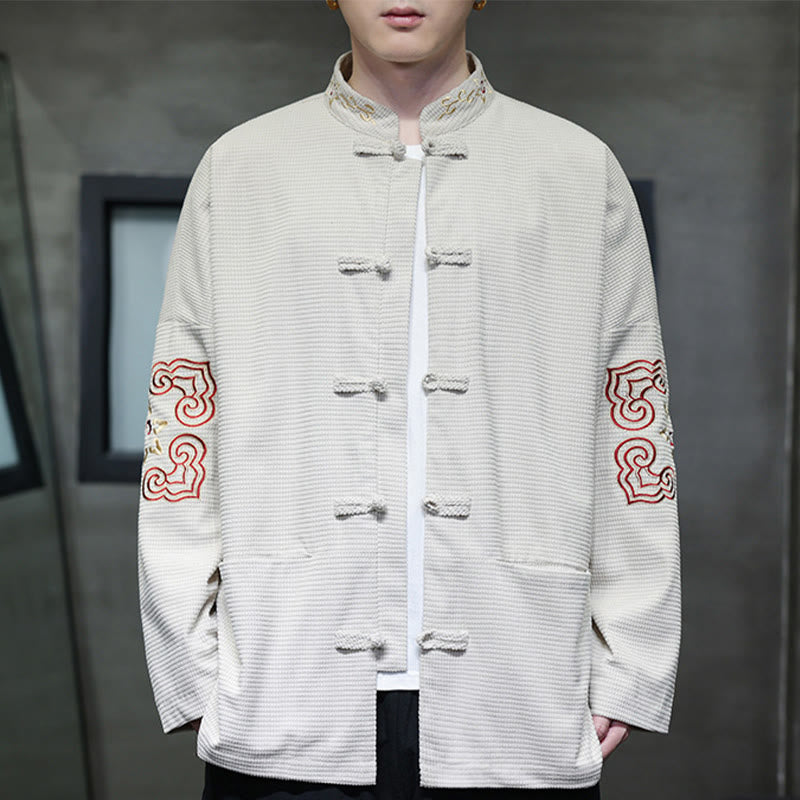Traje de espiga con botones de rana para hombre de Buddha Stones , chaqueta larga de algodón pana bordada y bolsillos