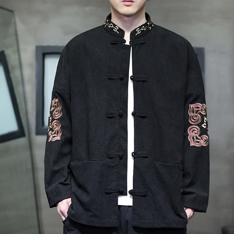 Traje de espiga con botones de rana para hombre de Buddha Stones , chaqueta larga de algodón pana bordada y bolsillos