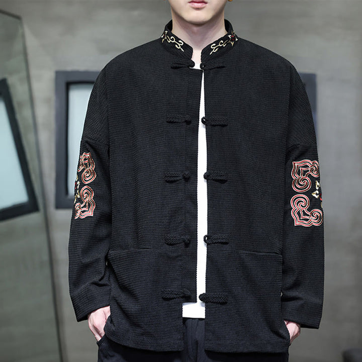 Traje de espiga con botones de rana para hombre de Buddha Stones , chaqueta larga de algodón pana bordada y bolsillos