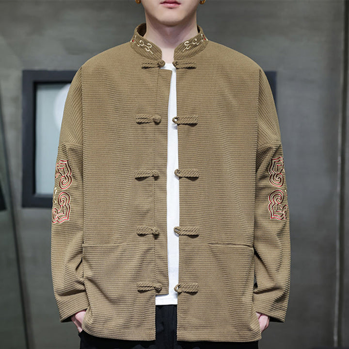 Traje de espiga con botones de rana para hombre de Buddha Stones , chaqueta larga de algodón pana bordada y bolsillos
