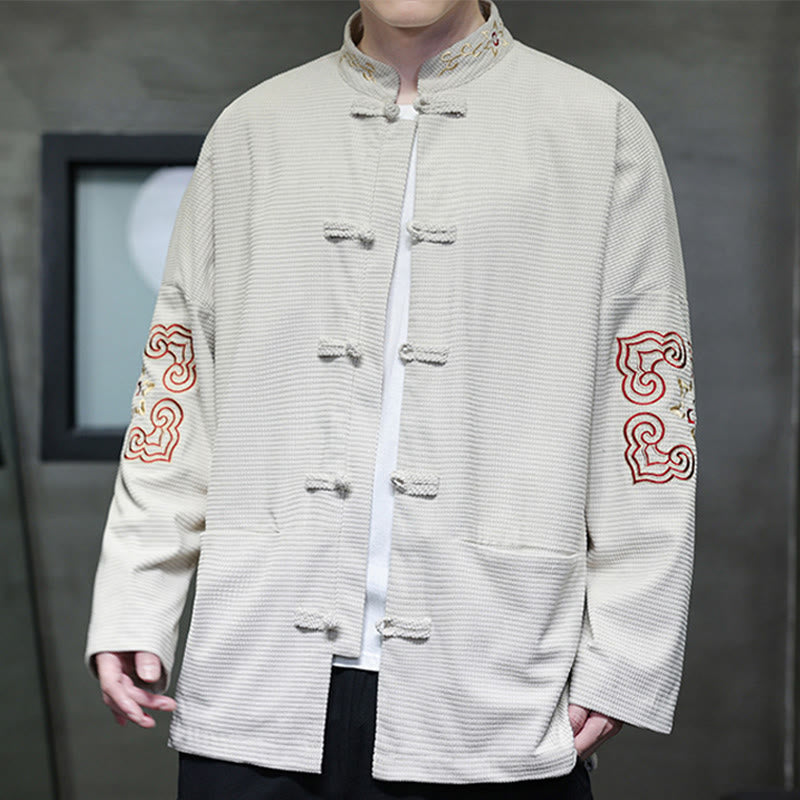 Traje de espiga con botones de rana para hombre de Buddha Stones , chaqueta larga de algodón pana bordada y bolsillos