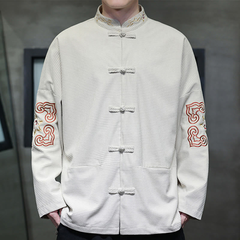 Traje de espiga con botones de rana para hombre de Buddha Stones , chaqueta larga de algodón pana bordada y bolsillos