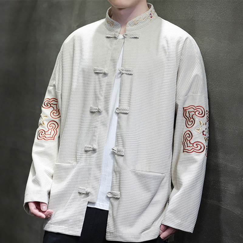 Traje de espiga con botones de rana para hombre de Buddha Stones , chaqueta larga de algodón pana bordada y bolsillos