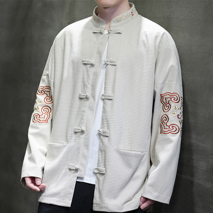 Traje de espiga con botones de rana para hombre de Buddha Stones , chaqueta larga de algodón pana bordada y bolsillos