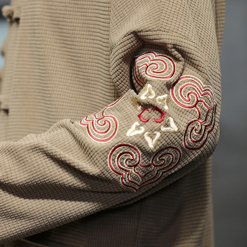 Traje de espiga con botones de rana para hombre de Buddha Stones , chaqueta larga de algodón pana bordada y bolsillos