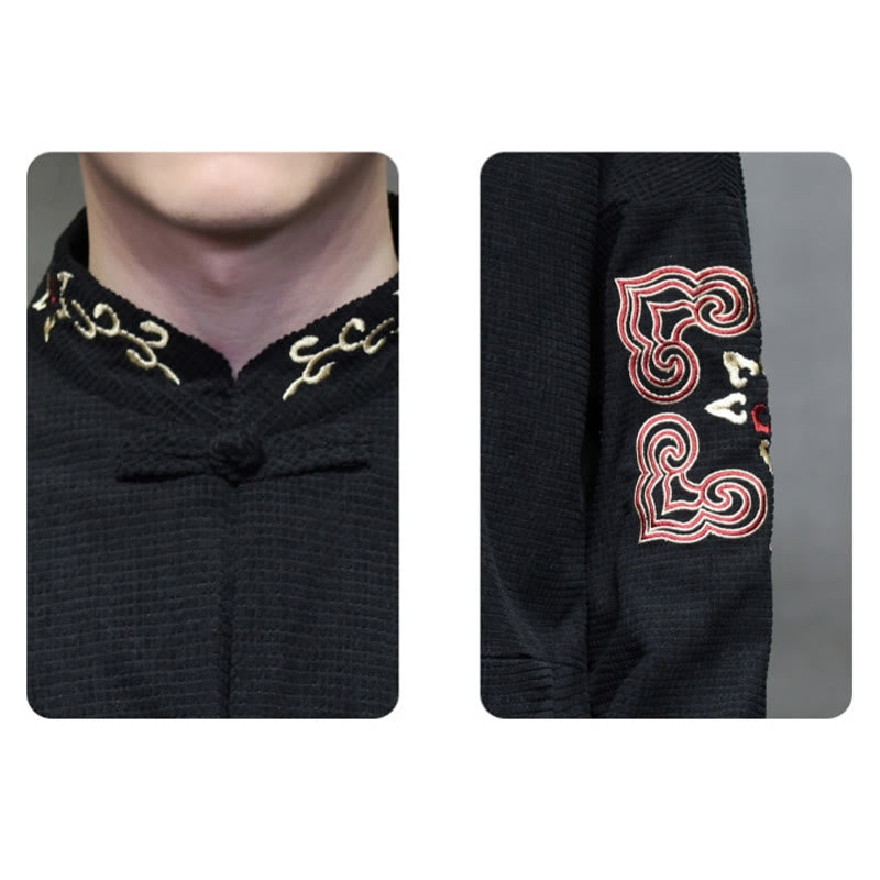 Traje de espiga con botones de rana para hombre de Buddha Stones , chaqueta larga de algodón pana bordada y bolsillos