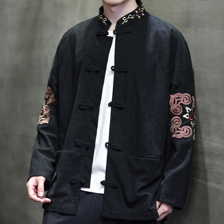 Traje de espiga con botones de rana para hombre de Buddha Stones , chaqueta larga de algodón pana bordada y bolsillos