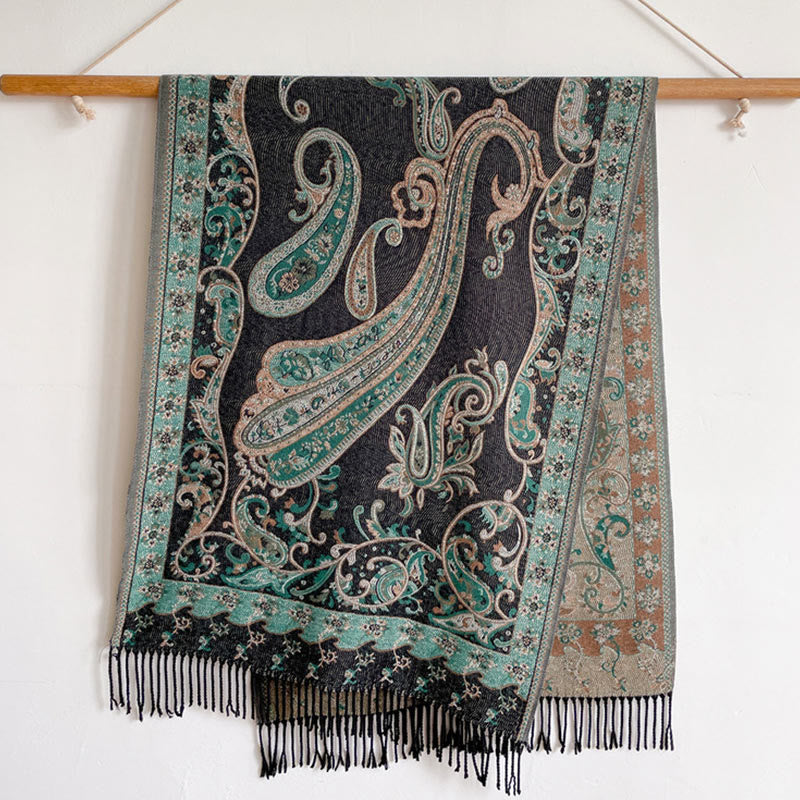 Chal de borlas con flores de anacardo tibetanas y Buddha Stones para otoño e invierno, bufanda de viaje acogedora