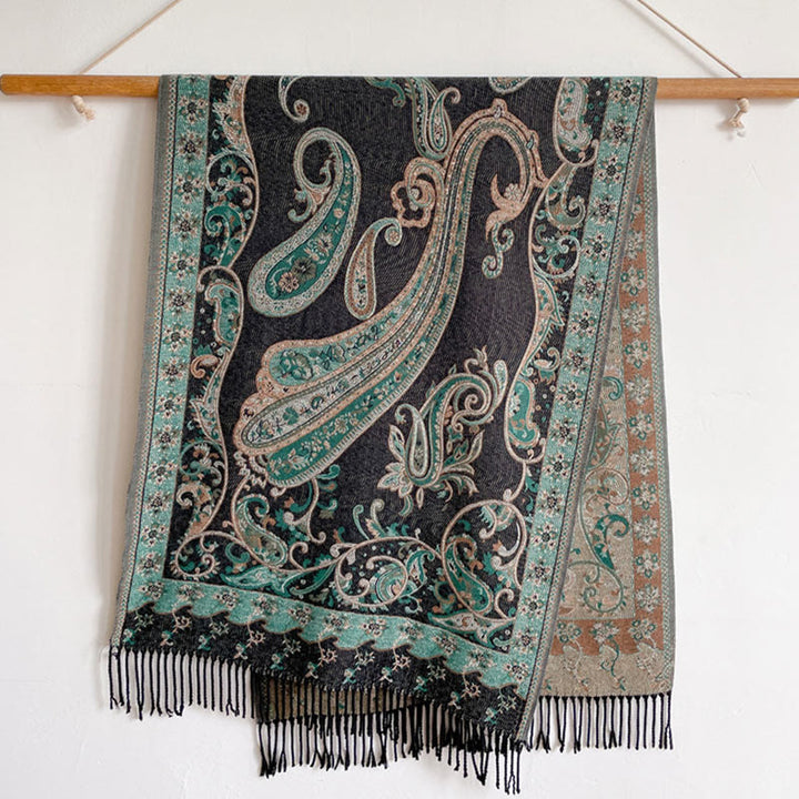 Chal de borlas con flores de anacardo tibetanas y Buddha Stones para otoño e invierno, bufanda de viaje acogedora