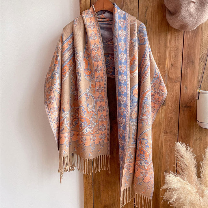 Chal de borlas con flores de anacardo tibetanas y Buddha Stones para otoño e invierno, bufanda de viaje acogedora