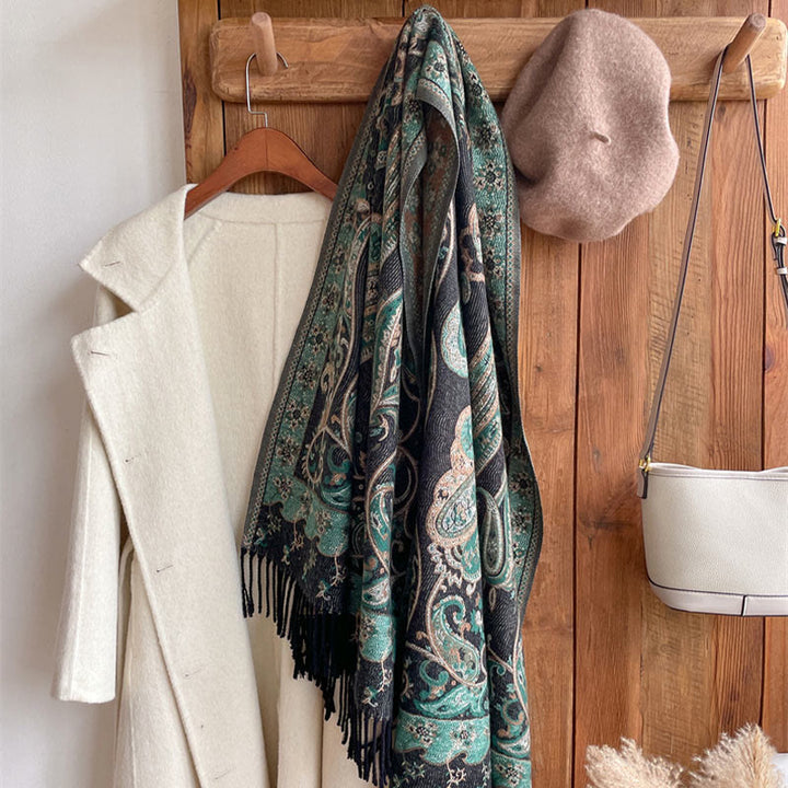 Chal de borlas con flores de anacardo tibetanas y Buddha Stones para otoño e invierno, bufanda de viaje acogedora