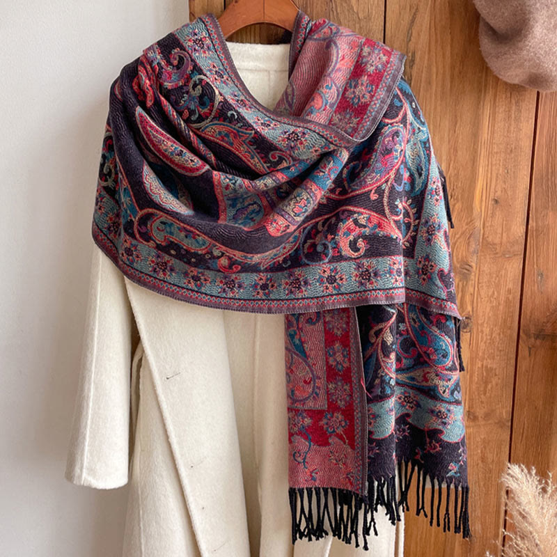 Chal de borlas con flores de anacardo tibetanas y Buddha Stones para otoño e invierno, bufanda de viaje acogedora