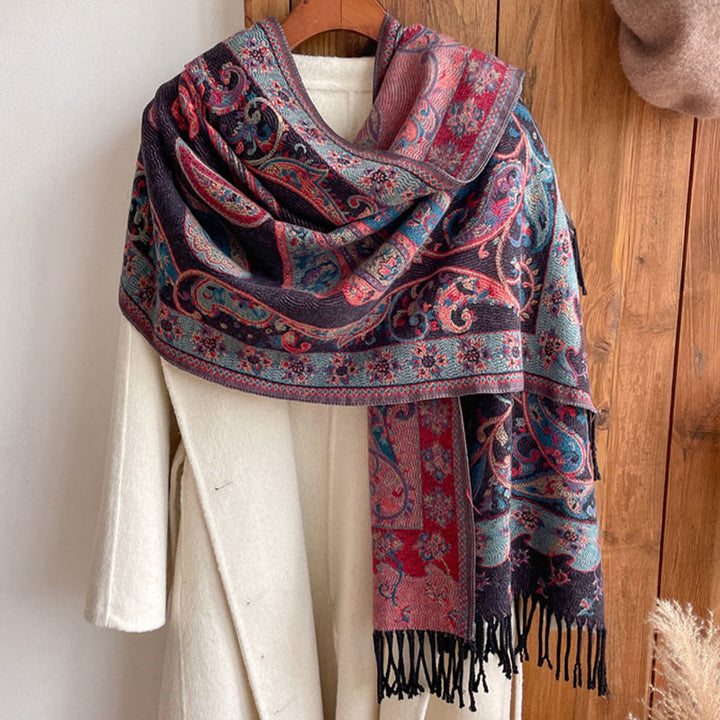 Chal de borlas con flores de anacardo tibetanas y Buddha Stones para otoño e invierno, bufanda de viaje acogedora