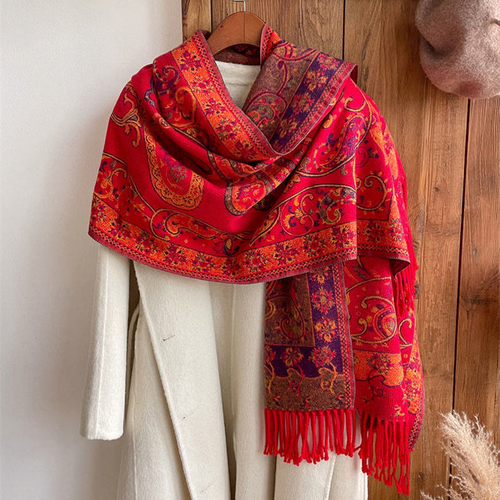 Chal de borlas con flores de anacardo tibetanas y Buddha Stones para otoño e invierno, bufanda de viaje acogedora