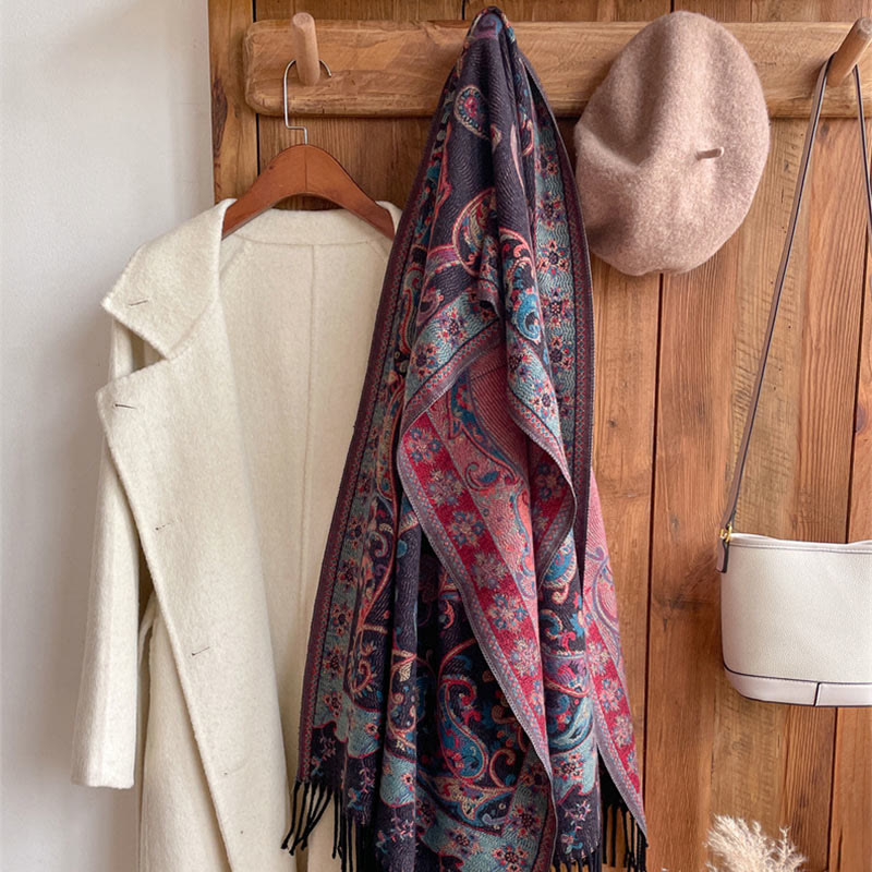 Chal de borlas con flores de anacardo tibetanas y Buddha Stones para otoño e invierno, bufanda de viaje acogedora